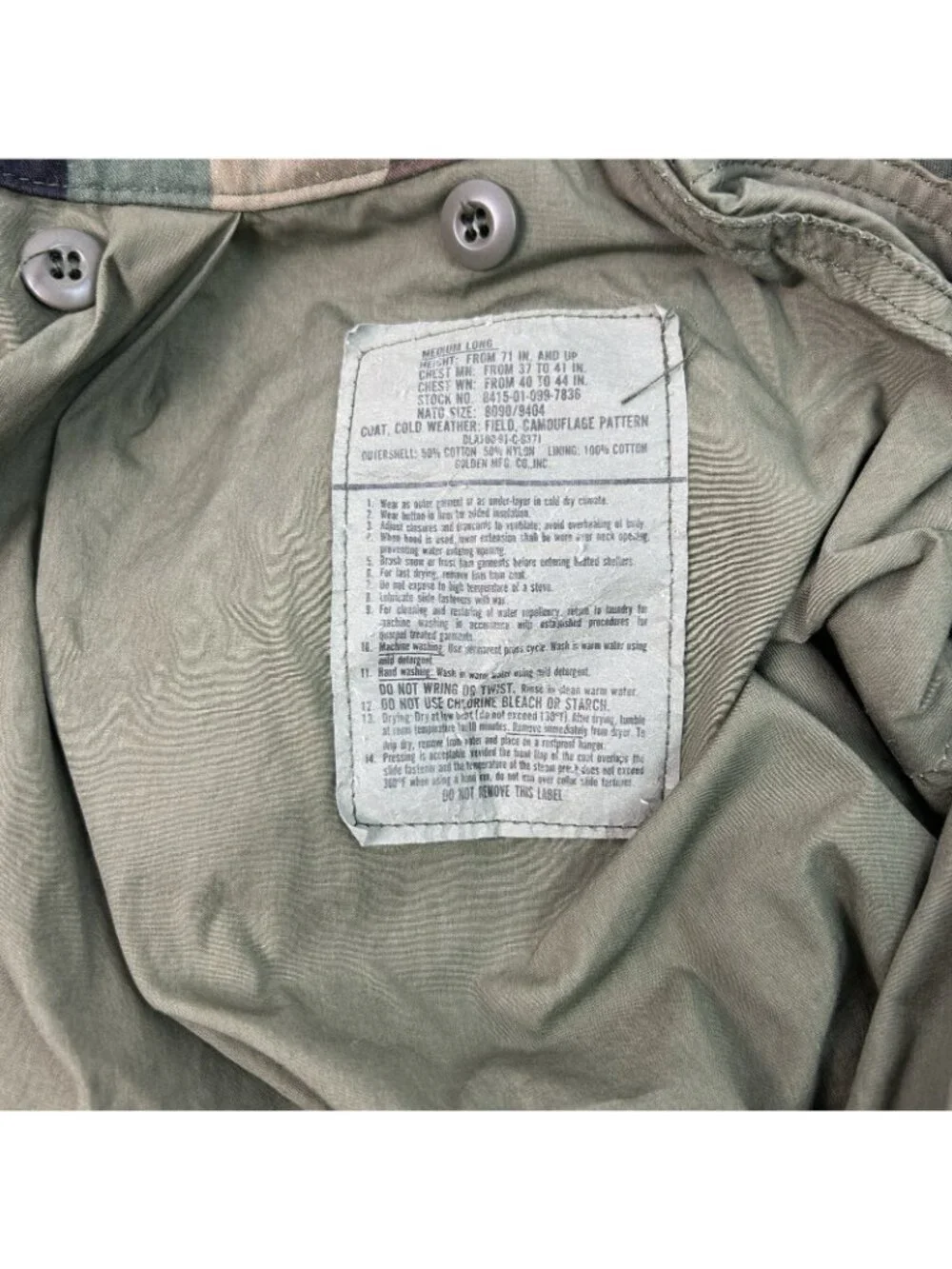 M65 Woodland Camo Cold Weather Field Coat Jacket Long Sleeve Mens Medium Long